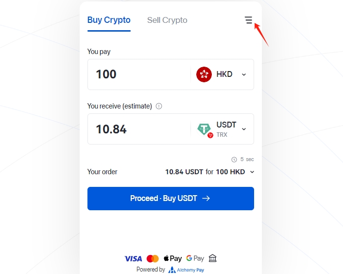 使用香港visa万事达卡在炼金支付alchemypay-买USDT过程-阿杰离岸-711Bank