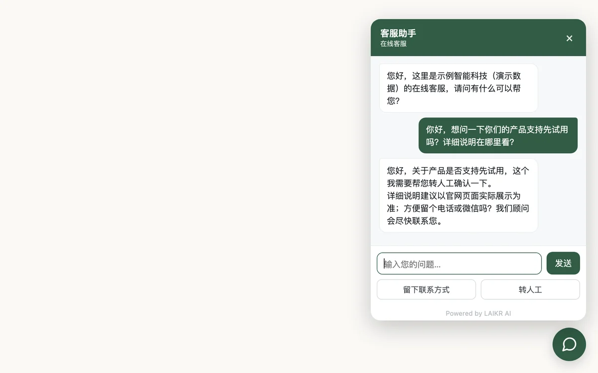 网站客服对话窗口：访客提问与客服智能体的真实回复。